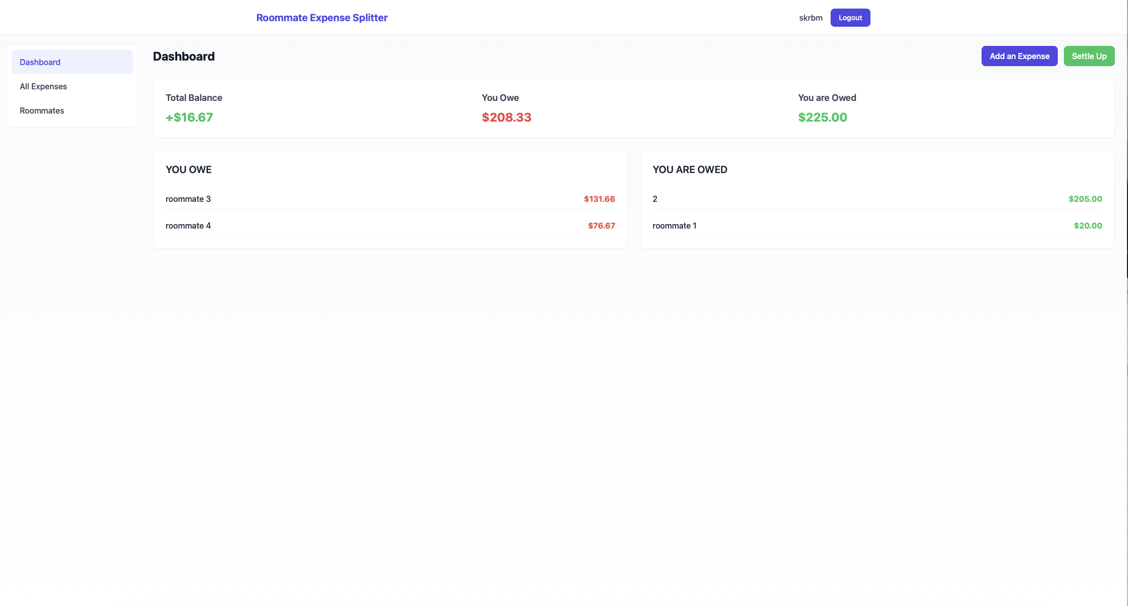 Roommate Expense Splitter Dashboard